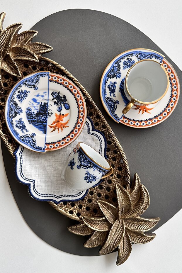 Porselenden Gold Fish Series Premium Porcelain Turkish Coffee Cup Set - 2 Person Dual Pattern - TryAladdin