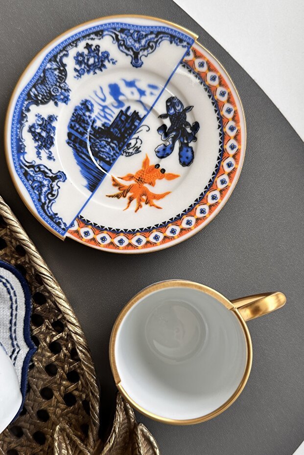 Porselenden Gold Fish Series Premium Porcelain Turkish Coffee Cup Set - 2 Person Dual Pattern - TryAladdin