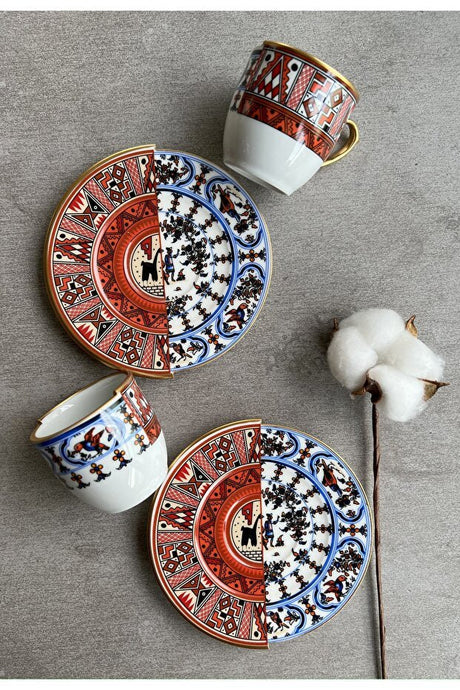 Porselenden Kutahya Nora Series Double Pattern Porcelain Coffee Cup Set - 2 Person - TryAladdin