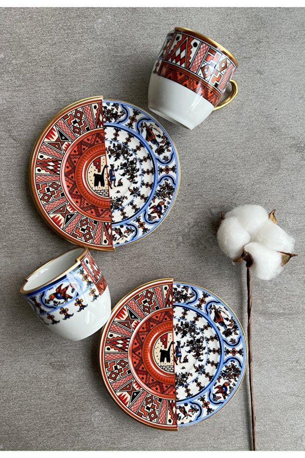Porselenden Kutahya Nora Series Double Pattern Porcelain Coffee Cup Set - 2 Person - TryAladdin