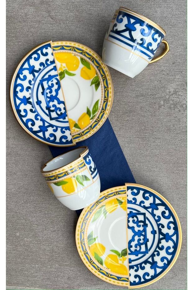 Porselenden Kutahya Premium Dual Lemon Design Turkish Coffee Cup Set - 2 - Piece - TryAladdin
