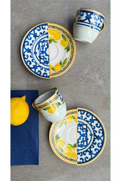 Porselenden Kutahya Premium Dual Lemon Design Turkish Coffee Cup Set - 2 - Piece - TryAladdin