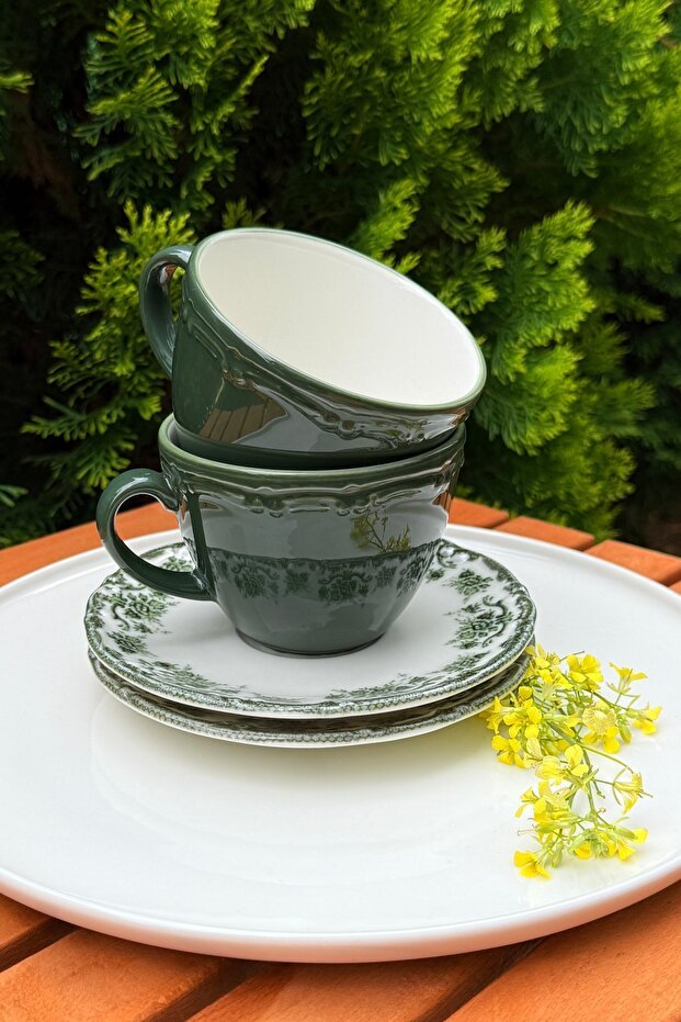 Porselenden Professional Antique Green Floral Porcelain Tea Set - 200ml Capacity, 4 - Piece - TryAladdin