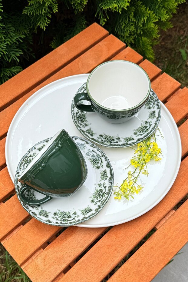 Porselenden Professional Antique Green Floral Porcelain Tea Set - 200ml Capacity, 4 - Piece - TryAladdin