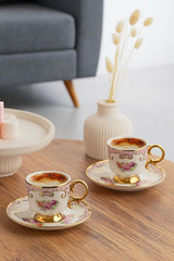 Porsima Elite Gold Trim Porcelain Turkish Coffee Cup Set - 6 Cups, 90ml Each - TryAladdin