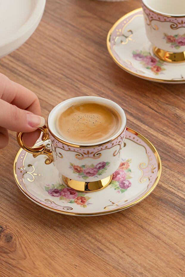 Porsima Elite Gold Trim Porcelain Turkish Coffee Cup Set - 6 Cups, 90ml Each - TryAladdin