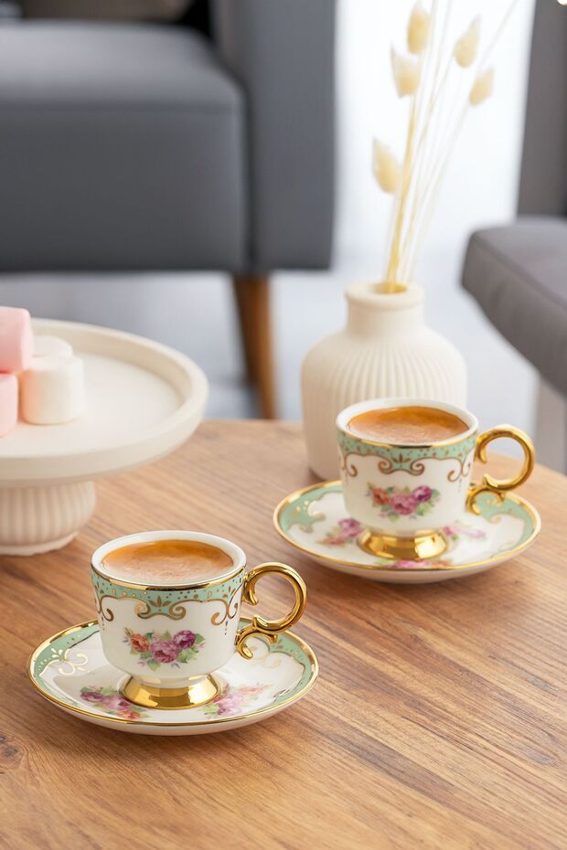 Porsima Premium Gilded Green Porcelain Turkish Coffee Cup Set - 6 x 90ml