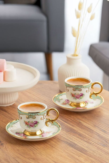 Porsima Premium Gilded Green Porcelain Turkish Coffee Cup Set - 6 x 90ml - TryAladdin