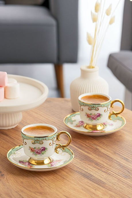 Porsima Premium Gilded Green Porcelain Turkish Coffee Cup Set - 6 x 90ml - TryAladdin