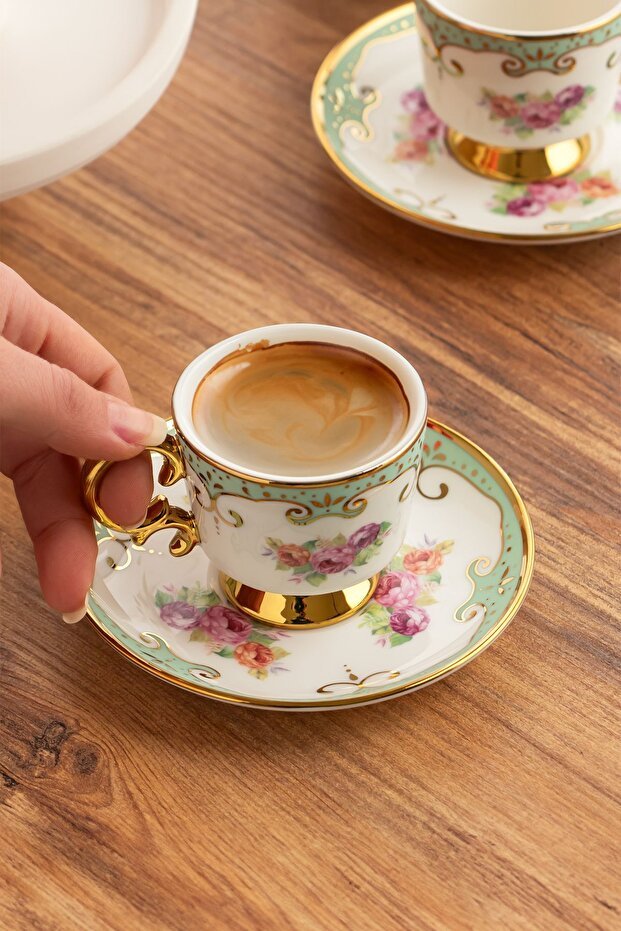 Porsima Premium Gilded Green Porcelain Turkish Coffee Cup Set - 6 x 90ml - TryAladdin