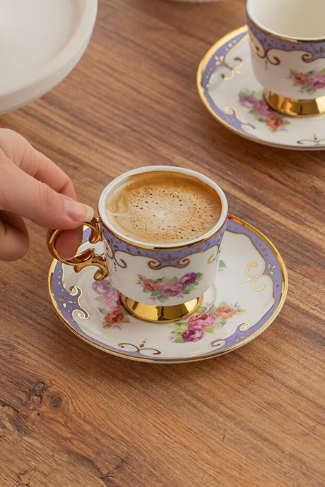 Porsima Premium Gilded Porcelain Espresso Turkish Coffee Cup & Saucer Set - 6 x 90ml - TryAladdin