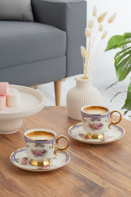 Porsima Premium Gilded Porcelain Espresso Turkish Coffee Cup & Saucer Set - 6 x 90ml - TryAladdin