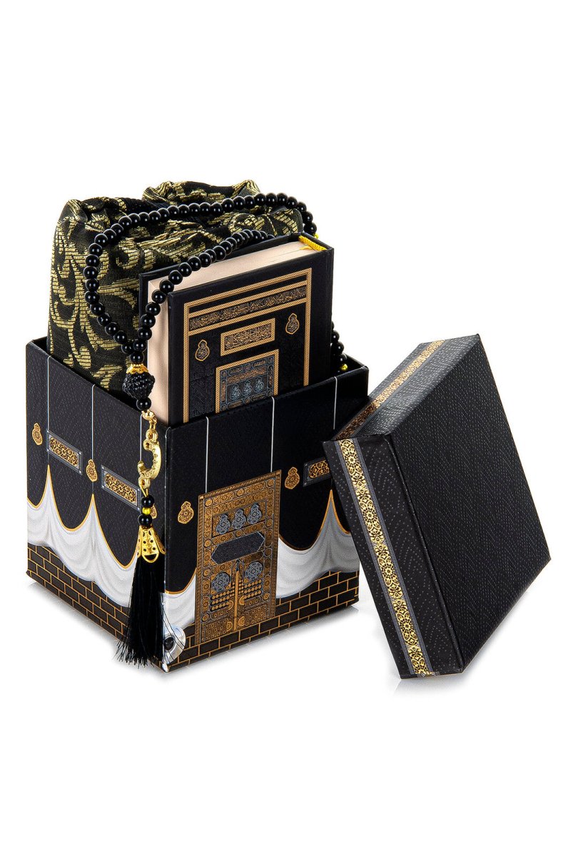 Prayer Rug and Quran Set with Kaaba Patterned Special Box - Black - TryAladdin