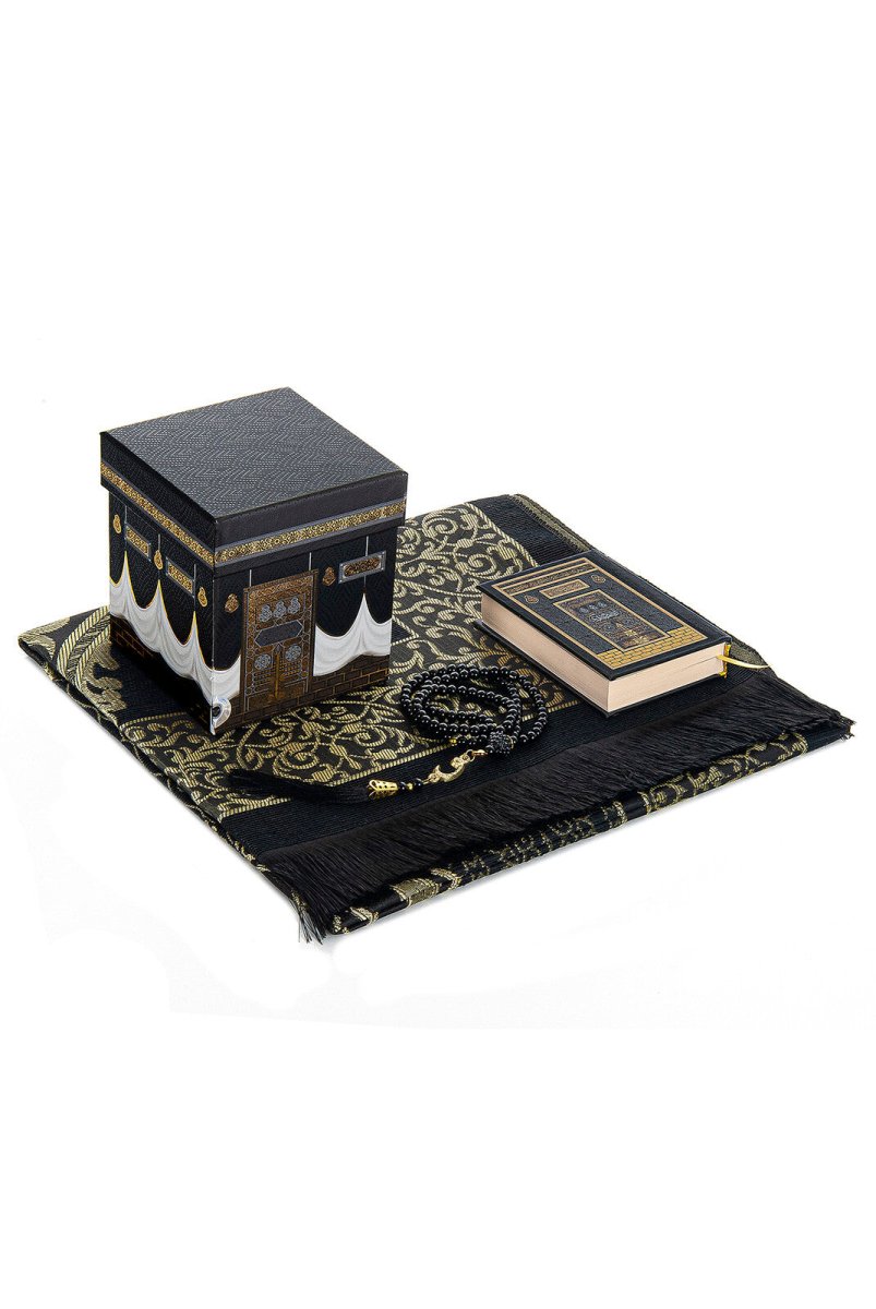 Prayer Rug and Quran Set with Kaaba Patterned Special Box - Black