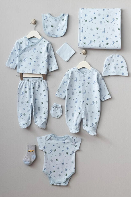 Premium 10 - Piece Boy Newborn Hospital Outfit Set - Blue Safari Design - Bulk Supply - TryAladdin