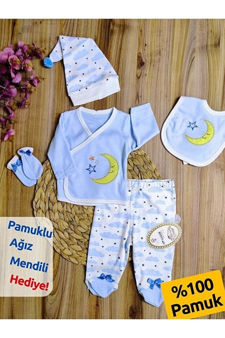 Premium 100% Cotton Baby Boy Newborn Hospital Set - 5 - Piece Blue Embroidered - TryAladdin
