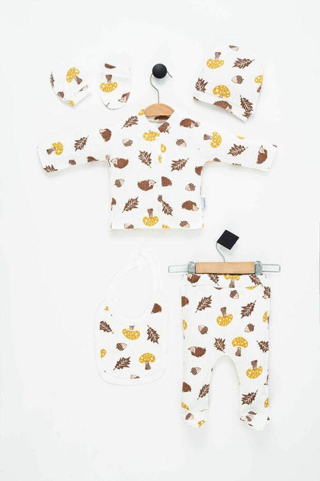 Premium 100% Cotton Hedgehog Print Newborn Layette Set - 5 - Piece - TryAladdin