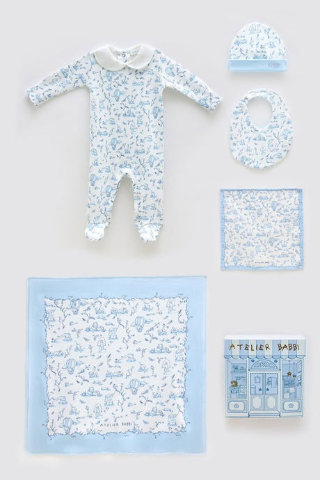 Premium 100% Cotton Newborn Baby Gift Set - Toile De Jouy Blue - 5 - Piece Set - TryAladdin