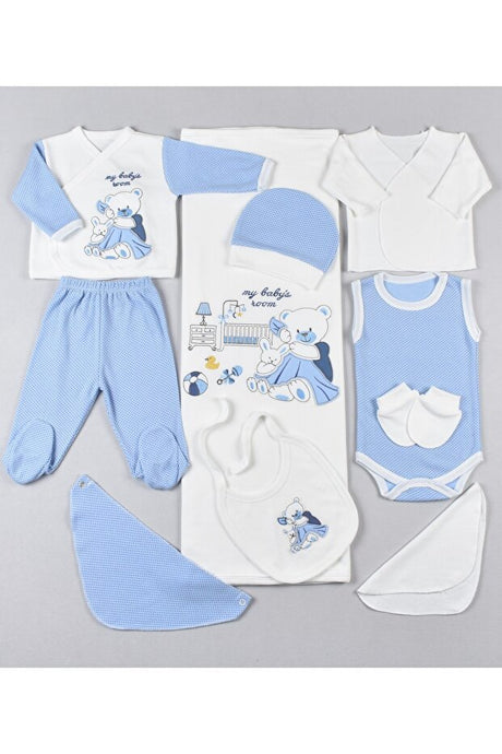 Premium 100% Cotton Newborn Blue Bear 10 - Piece Baby Gift Set - TryAladdin