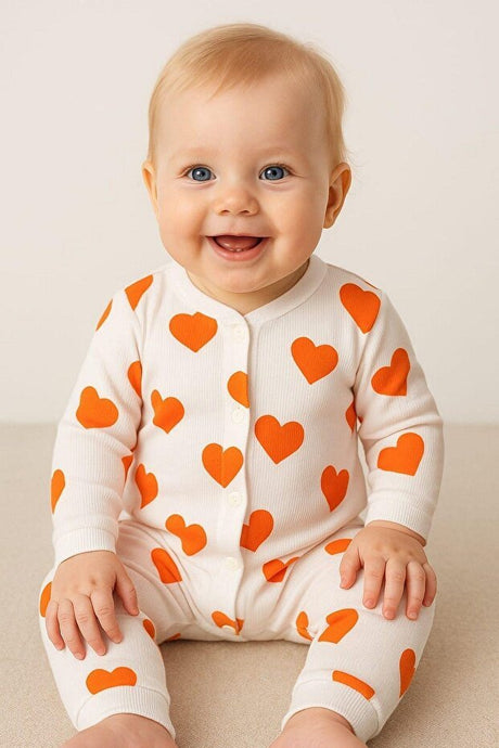 Premium 100% Cotton Ribbed Snap - Button Baby Romper with Heart Print - Newborn to 6 Months - TryAladdin