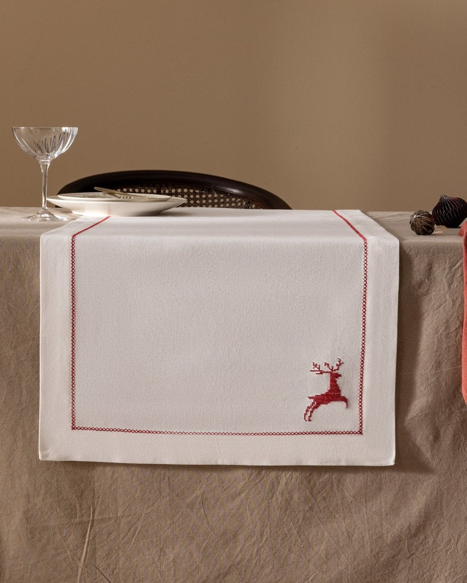 Premium 100% Cotton Table Runner - Ecru & Red Design for Dining - TryAladdin