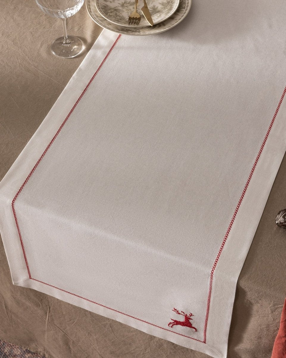 Premium 100% Cotton Table Runner - Ecru & Red Design for Dining - TryAladdin