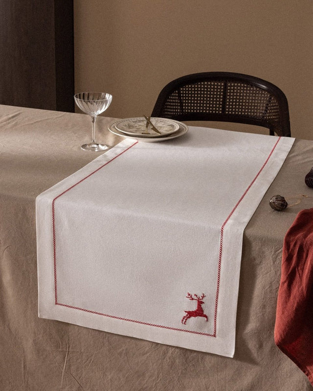 Premium 100% Cotton Table Runner - Ecru & Red Design for Dining - TryAladdin