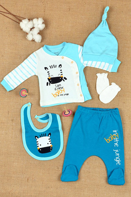Premium 100% Cotton Zebra Stripe Side Snap 5 - Piece Baby Layette Set 0 - 3M - 350g - TryAladdin