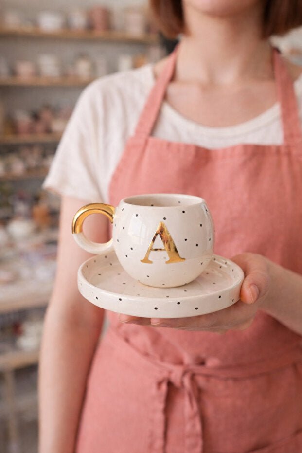 Premium 24K Gold Gilded Turkish Coffee Cup Set - Monogram A - 2 - Piece Set - TryAladdin