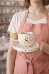 Premium 24K Gold Gilded Turkish Coffee Cup Set with S Initial - Double Espresso Size - TryAladdin