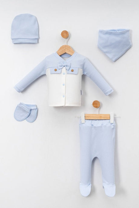 Premium 5 - Piece Newborn Baby Layette Set Blue Beige Bow Tie - TryAladdin