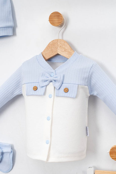 Premium 5 - Piece Newborn Baby Layette Set Blue Beige Bow Tie - TryAladdin
