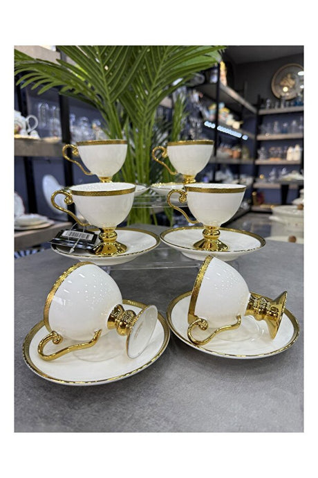 Premium Acar Thelma Gold Professional White Turkish Coffee Cup Set - 6 - Piece - TryAladdin