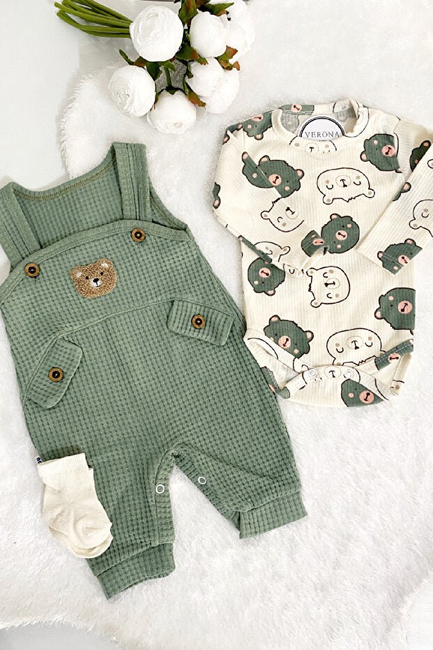Premium Baby Boy Embroidered Bear Jumpsuit & Sock Set - 2 Piece - TryAladdin