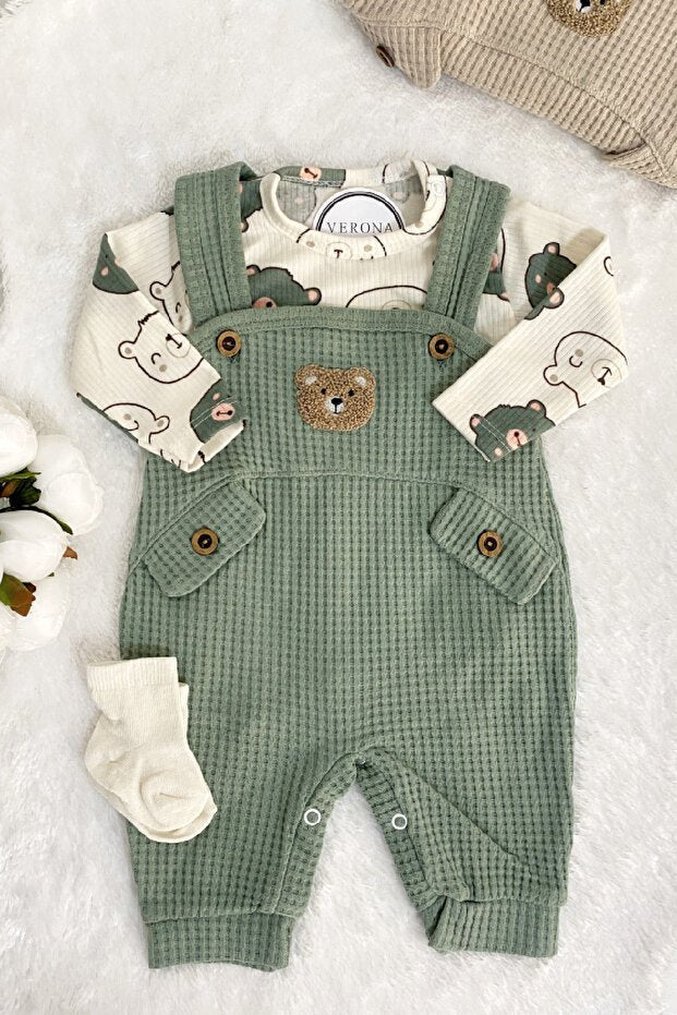 Premium Baby Boy Embroidered Bear Jumpsuit & Sock Set - 2 Piece - TryAladdin