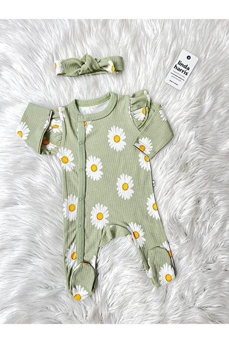 Premium Baby Romper - Daisy Pattern Light Green Bandana - TryAladdin