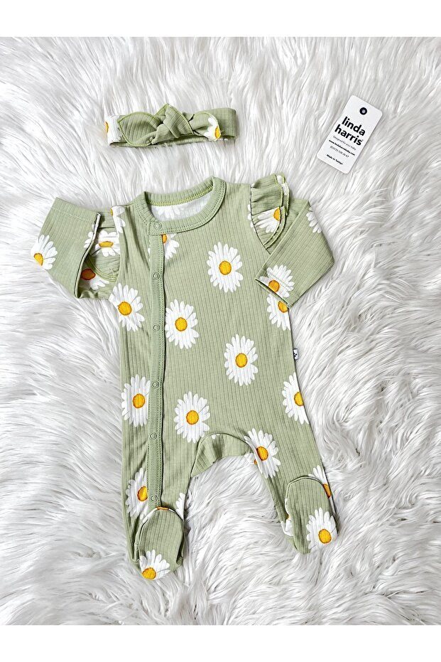 Premium Baby Romper - Daisy Pattern Light Green Bandana - TryAladdin