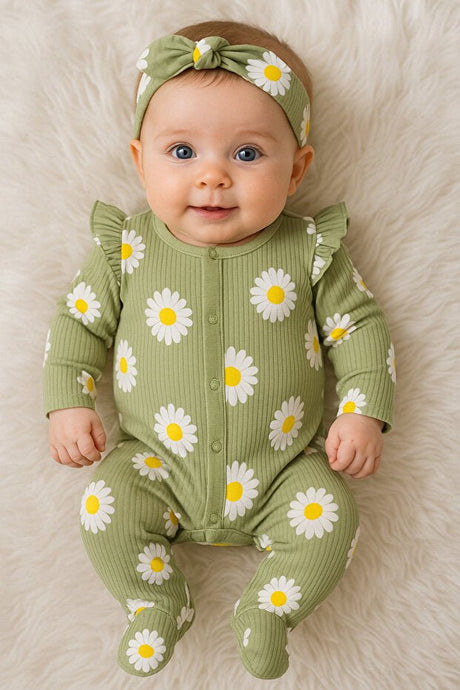 Premium Baby Romper - Daisy Pattern Light Green Bandana - TryAladdin