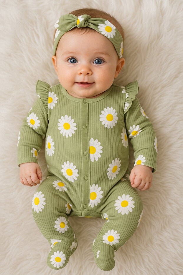 Premium Baby Romper - Daisy Pattern Light Green Bandana - TryAladdin