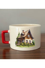 Premium Ceramic Village House Design Red Handle Mug - Wholesale Bulk - TryAladdin