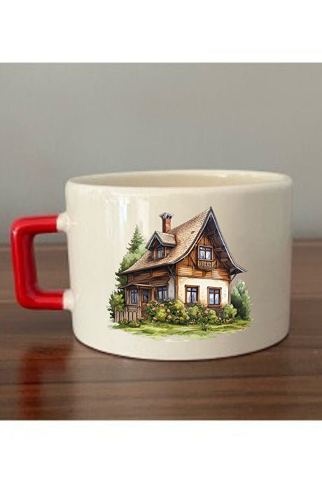 Premium Ceramic Village House Design Red Handle Mug - Wholesale Bulk - TryAladdin