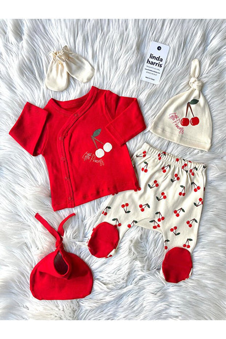 Premium Cherry Print Newborn Girl Hospital Essential Set - 5 - Piece - TryAladdin
