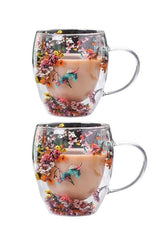 Premium Double Wall Floral Glass Mugs - 250ml (Set of 2) - TryAladdin