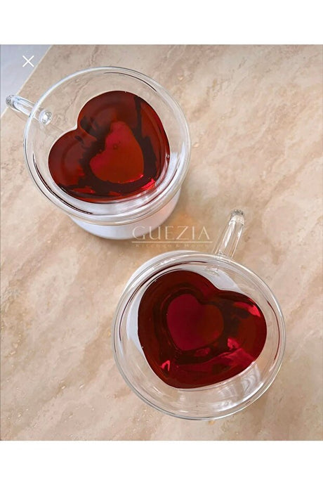 Premium Double Wall Heart Shaped Glass Mug Set - 2 Pcs - TryAladdin