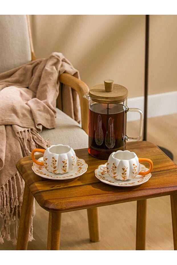 Premium Ecru Printed Porcelain Coffee Cup Set - 2 - Piece 90ml - TryAladdin