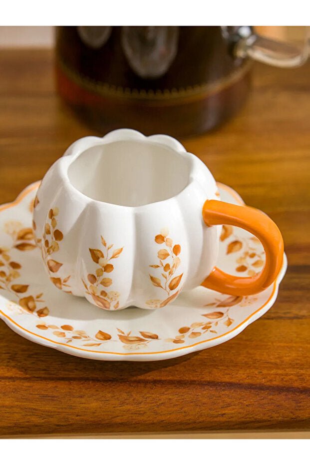 Premium Ecru Printed Porcelain Coffee Cup Set - 2 - Piece 90ml - TryAladdin