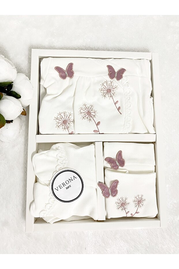 Premium Girls Organic Butterfly Embroidered 5 - Piece Newborn Clothing Set - 0 - 3 Months - TryAladdin