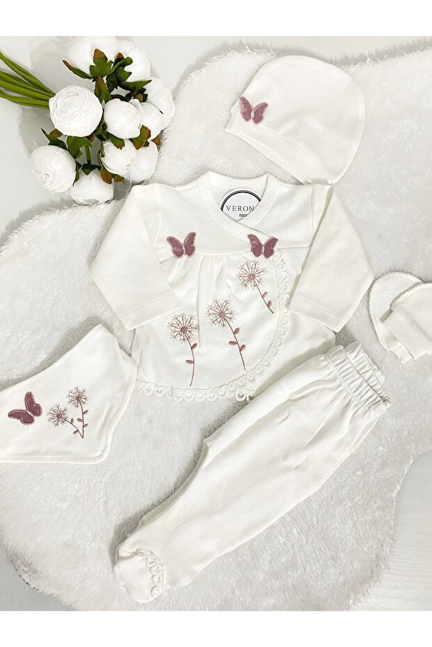 Premium Girls Organic Butterfly Embroidered 5 - Piece Newborn Clothing Set - 0 - 3 Months - TryAladdin
