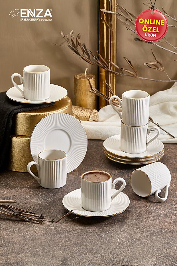 Premium Gold Rim Porcelain Turkish Coffee Cup Set - Set of 6 - TryAladdin