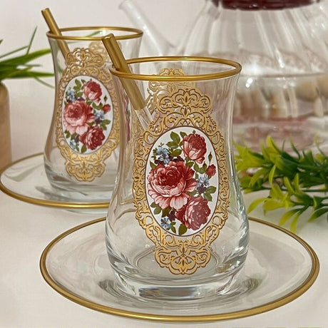 Premium Gold Rose Turkish Tea Glass Set - 6 Person - TryAladdin